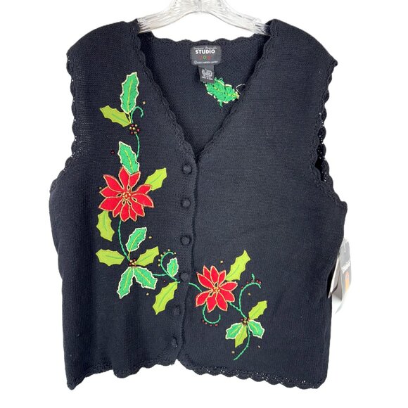 Designers Originals Studio Joy Christmas Poinsettia Sweater Vest Tag Size L NWT - Picture 1 of 7